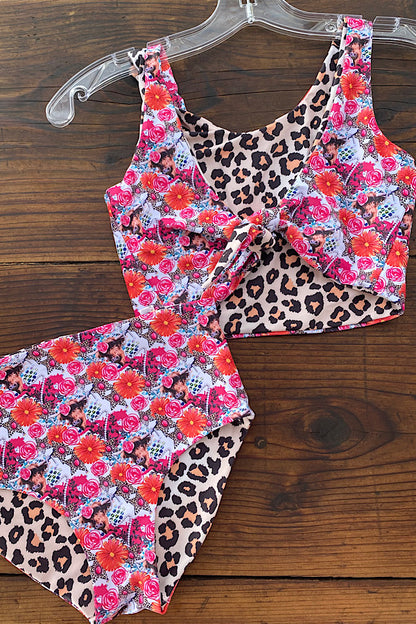 Western leopard & floral printed reversible 2pc swimsuits girls boutique set DLH2398