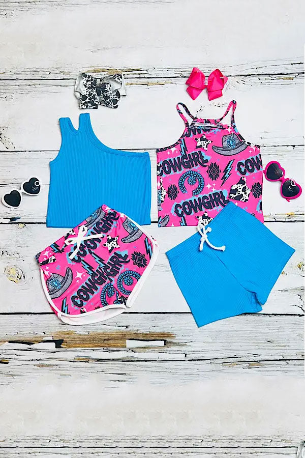 Mix & match pink "COWGIRL" & blue girls boutique sets (2 sets bundle) DLH2401