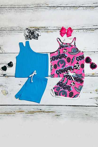 Mix & match pink "COWGIRL" & blue girls boutique sets (2 sets bundle) DLH2401