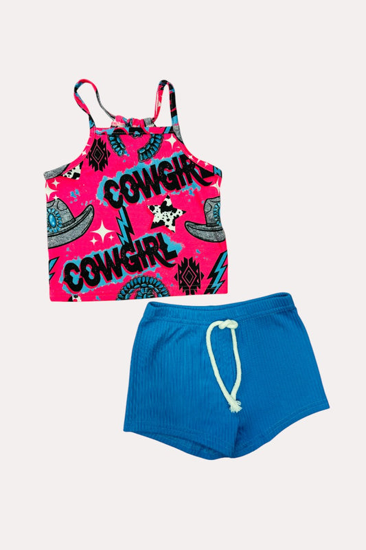 Mix & match pink "COWGIRL" & turquoise sleeveless sets (2 sets bundle) DLH2401