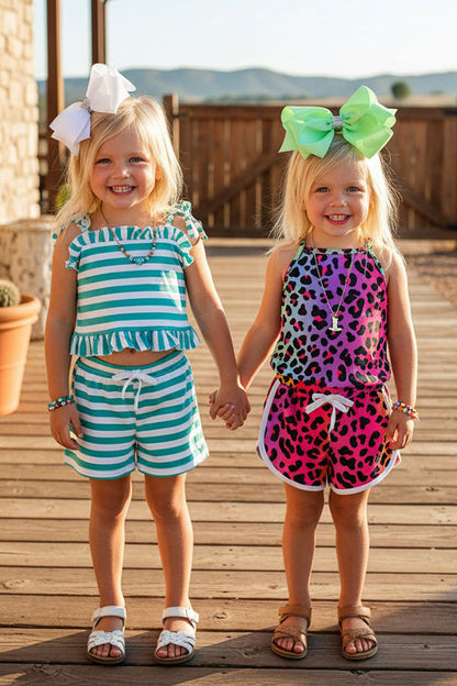 Western leopard & Turquoise striped girls boutique sets (2sets as a bundle) DLH2403