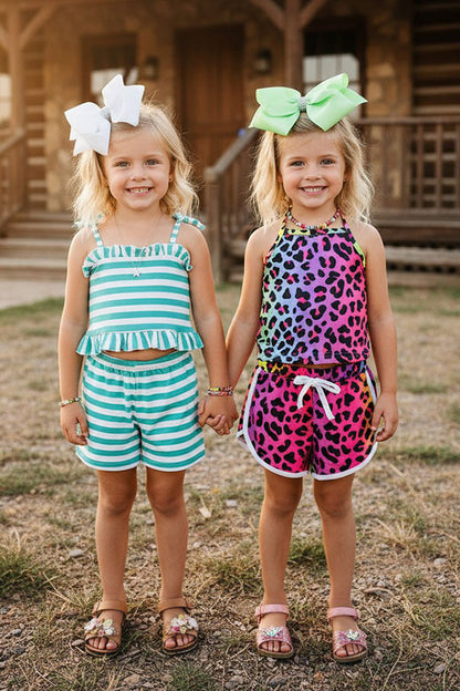 Western leopard & Turquoise striped girls boutique sets (2sets as a bundle) DLH2403