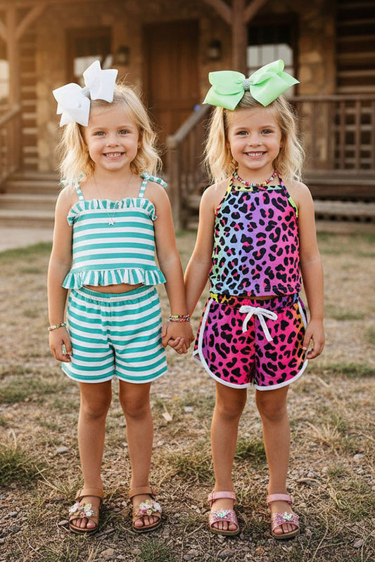 Western leopard & Turquoise striped girls boutique sets (2sets as a bundle) DLH2403