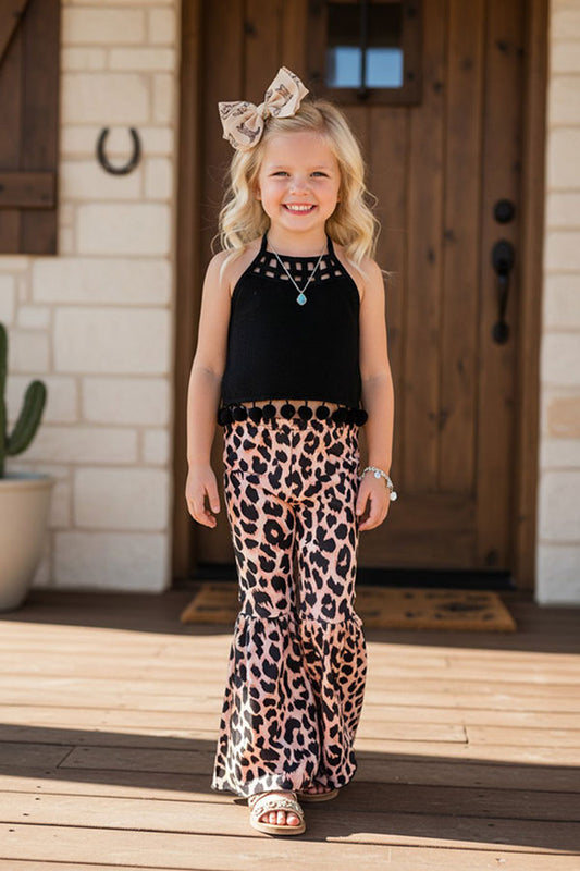 Western black pompom tops leopard print pant girls outfit sets DLH2410