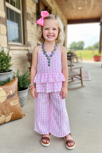 Chic seersucker checkered top & wide leg pant girls boutique set DLH2411