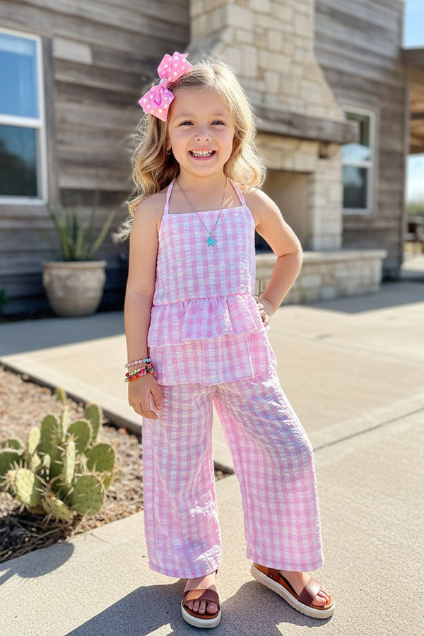Chic seersucker checkered top & wide leg pant girls boutique set DLH2411