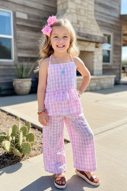 Chic seersucker checkered top & wide leg pant girls boutique set DLH2411
