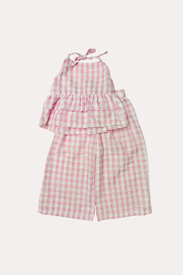 Chic seersucker checkered top & wide leg pant girls boutique set DLH2411