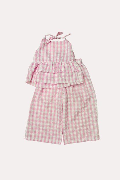 Chic seersucker checkered top & wide leg pant girls boutique set DLH2411