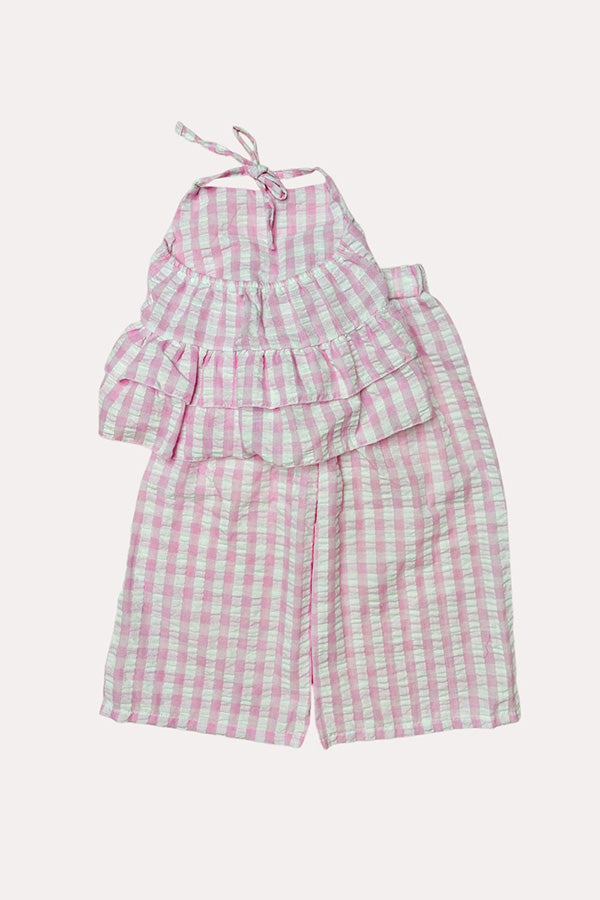 Chic seersucker checkered top & wide leg pant girls boutique set DLH2411