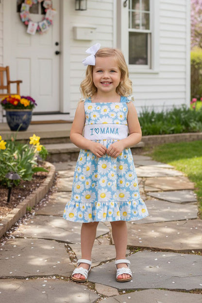 Embroidered "I LOVE MAMA" daisies ruffle girls dress DLH2412