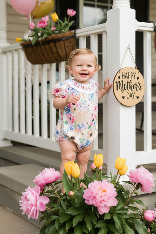 Embroidered "MAMA'S GIRL" multicolor floral print baby romper DLH2418