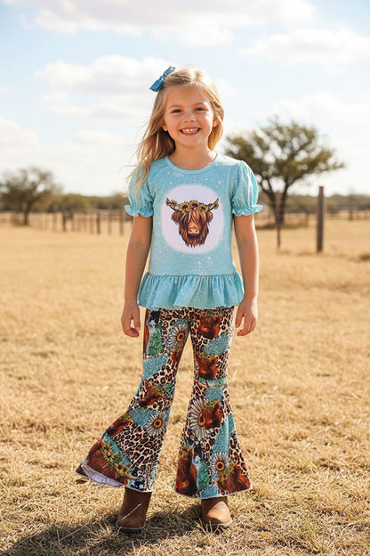 Western aqua top daisy & cow bell bottom pant girls boutique set DLH2423