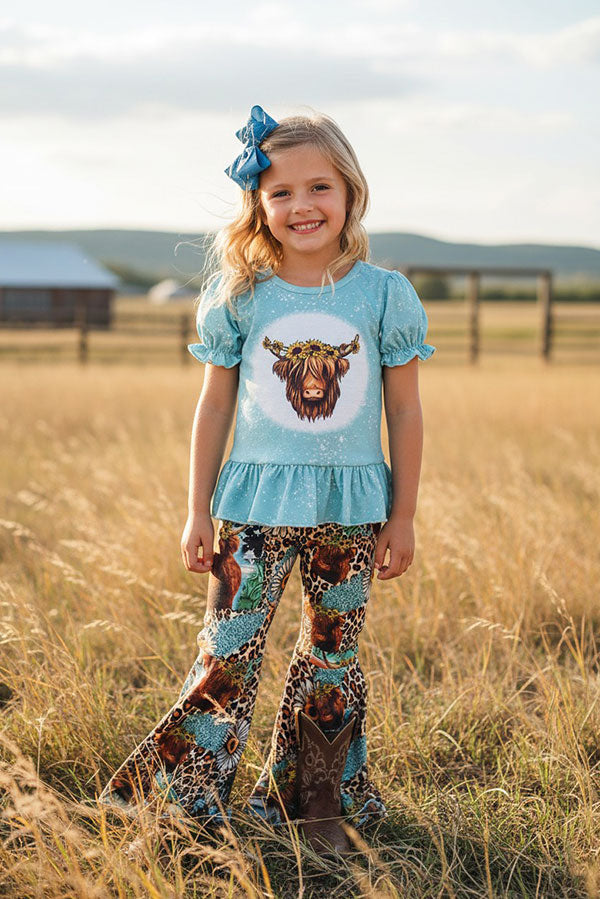 Western aqua top daisy & cow bell bottom pant girls boutique set DLH2423