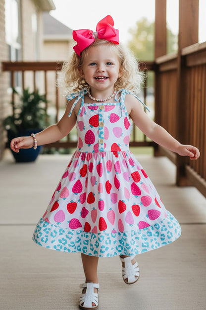 Trendy leopard & strawberry sleeveless boutique girls dress DLH2431