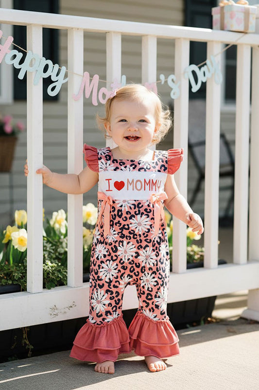 "I LOVE MOMMY" pink cheetah & flowers ruffle baby romper DLH2435