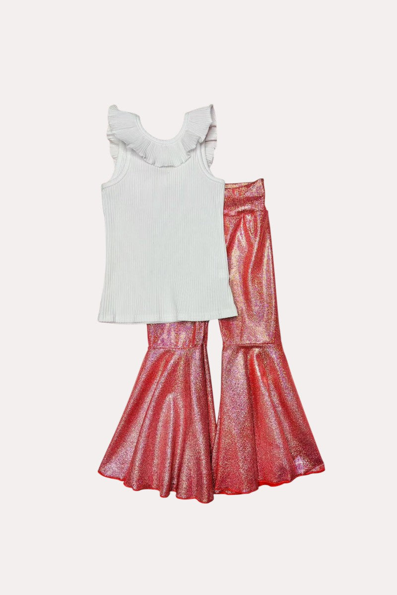 D1119-1 Pink metallic leather bell bottoms girls pant