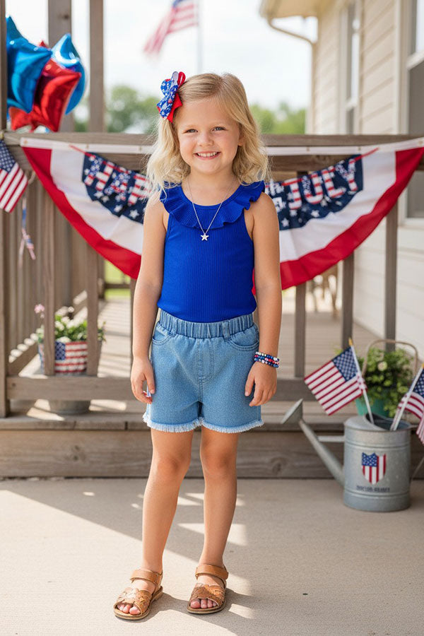 Chic Royal blue ruffle sleeveless boutique girls tank top DLH2449