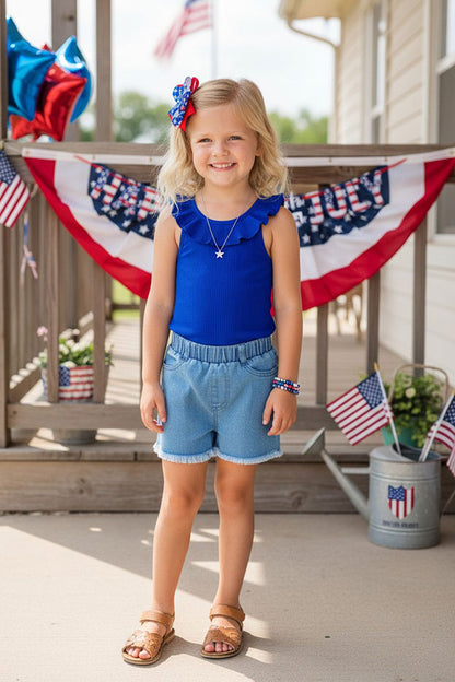 Chic Royal blue ruffle sleeveless boutique girls tank top DLH2449