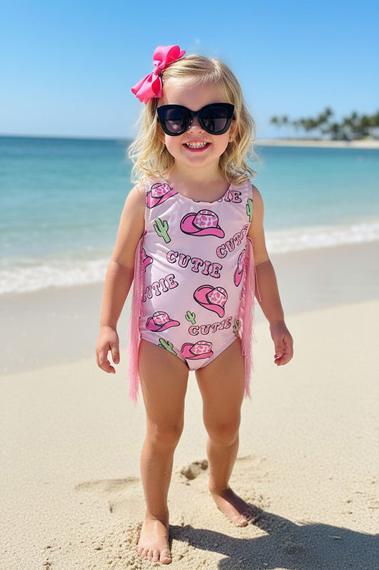 Western chic COWGIRL print pink fringe girls boutique swimsuit DLH2455