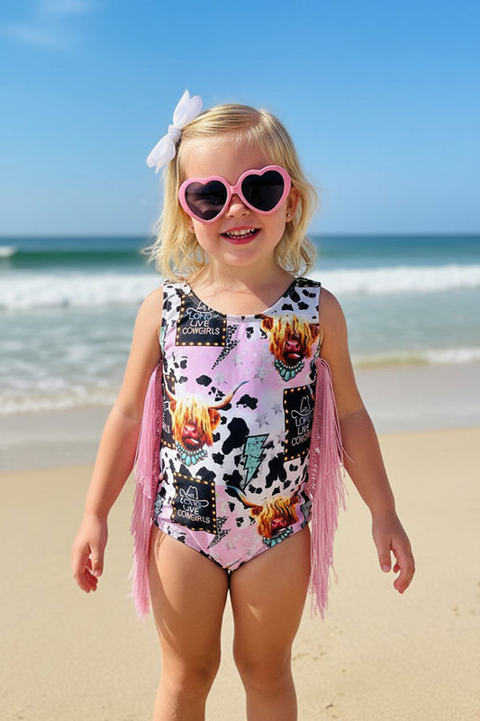 Western ranch cows print girls boutique swimsuits w/fringe tassels DLH2456