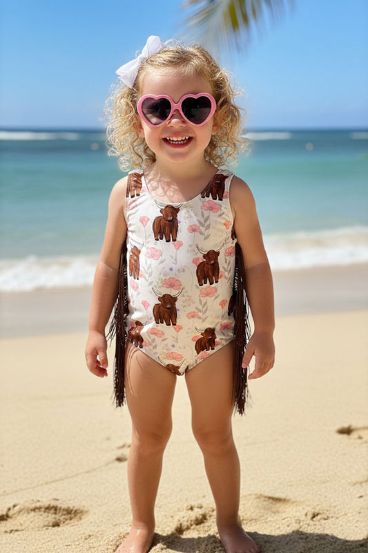 Western ranch Cow printed girls boutique bathing suit w/fringe tassels DLH2457
