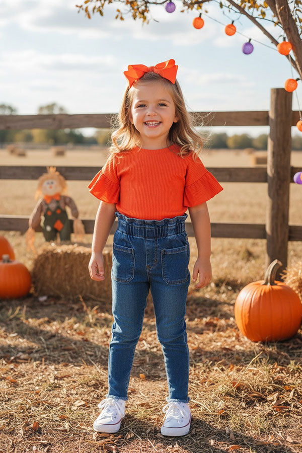 Western orange pit cotton ruffle short sleeve girls boutique top DLH2467