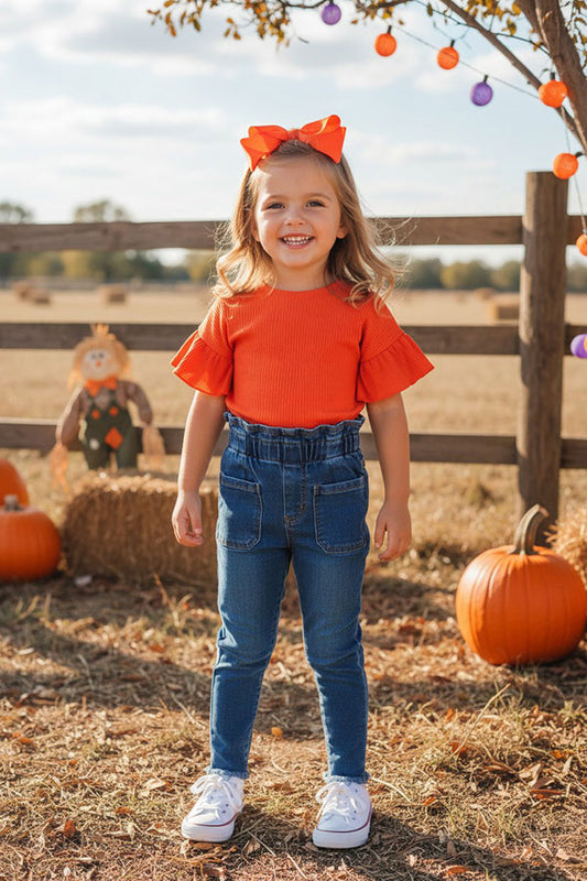 Western orange pit cotton ruffle short sleeve girls boutique top DLH2467