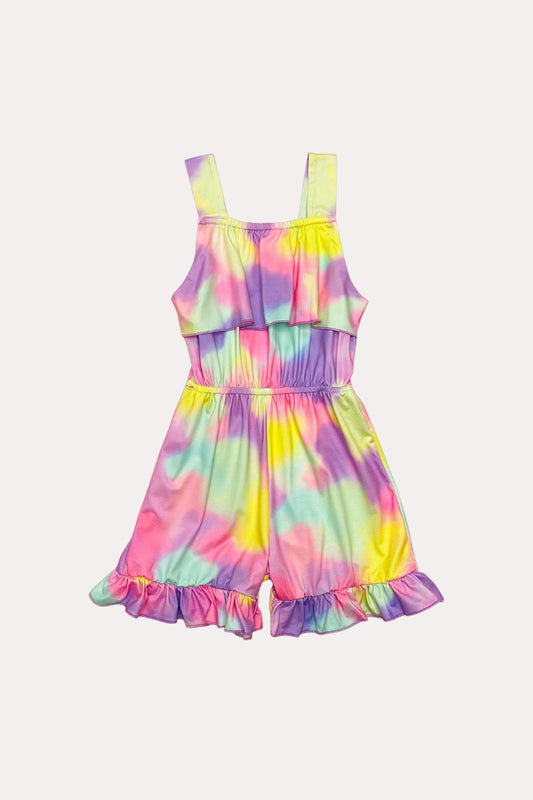 DLH2473 Summer multicolor tie dye ruffle one piece girls jumpsuit