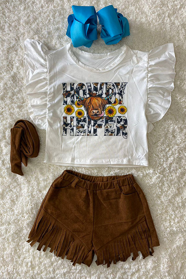 HOWDY HEIFER western printed top & suede tassel shorts girls set DLH2475