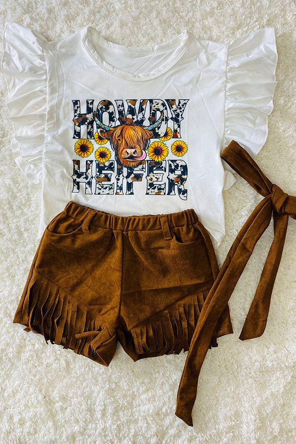 HOWDY HEIFER western printed top & suede tassel shorts girls set DLH2475