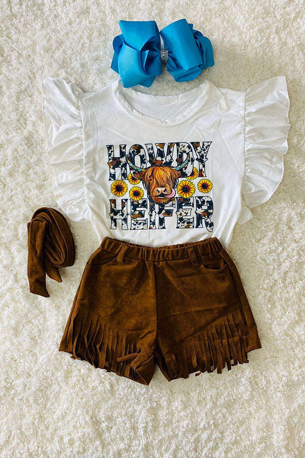 HOWDY HEIFER western printed top & suede tassel shorts girls set DLH2475