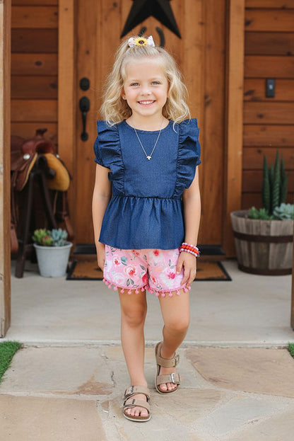 Western Denim top & Floral shorts girls boutique set DLH2492