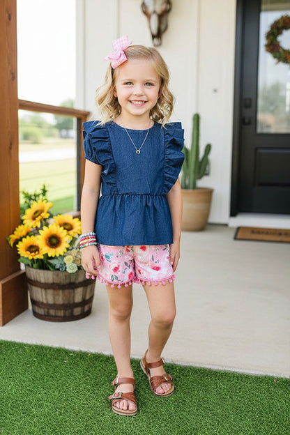 Western Denim top & Floral shorts girls boutique set DLH2492