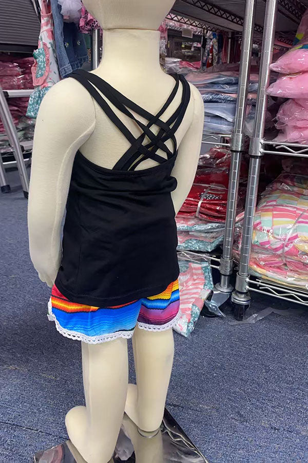 Western black crisscross top serape shorts girls boutique sets DLH2493