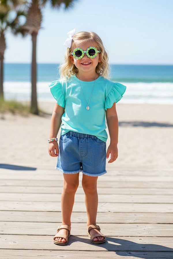 Chic aqua jersey ruffle short sleeve girl's boutique top DLH2499