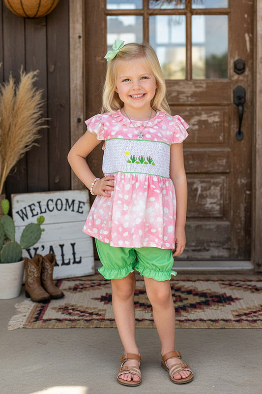 Western cactus embroidery top green shorts girl boutique set DLH2507