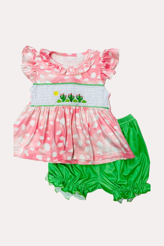Pink cactus embroidery detail top w/green shorts 2pcs girl set D2507
