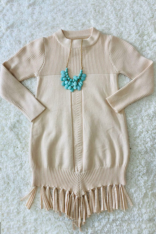 Cream girls knit dress w/tassels DLH2510