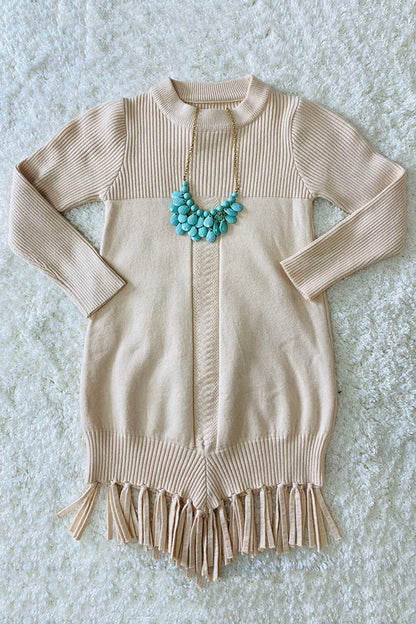 Cream girls knit dress w/tassels DLH2510