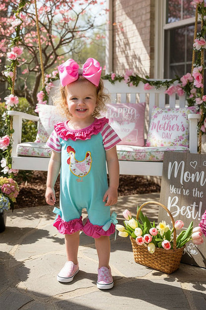 Aqua & hot pink embroidered chicken ruffle baby romper DLH2511