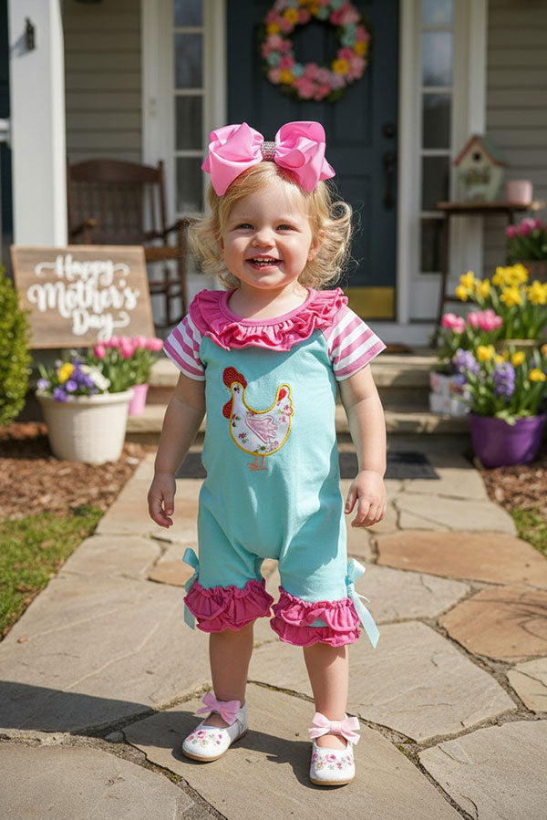 Aqua & hot pink embroidered chicken ruffle baby romper DLH2511