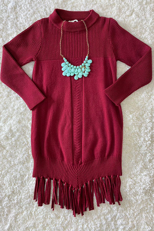 Burgundy girls knit dress w/tassels DLH2516