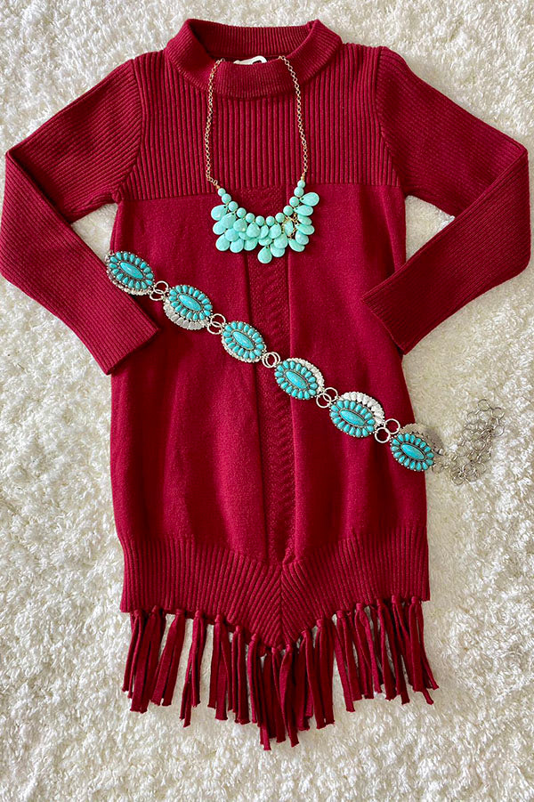 Burgundy girls knit dress w/tassels DLH2516