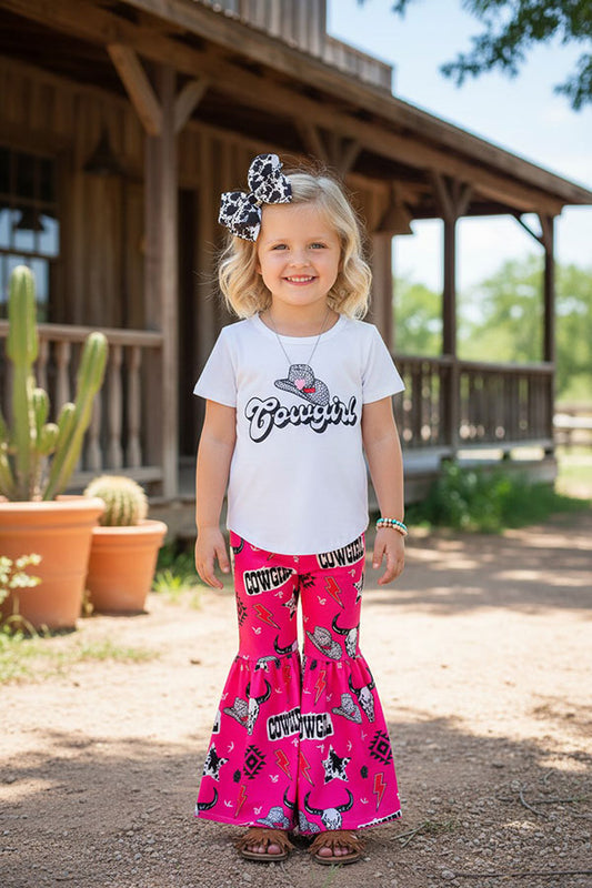 Western cowgirl white top & bell bottom girls boutique set DLH2520 A4S8