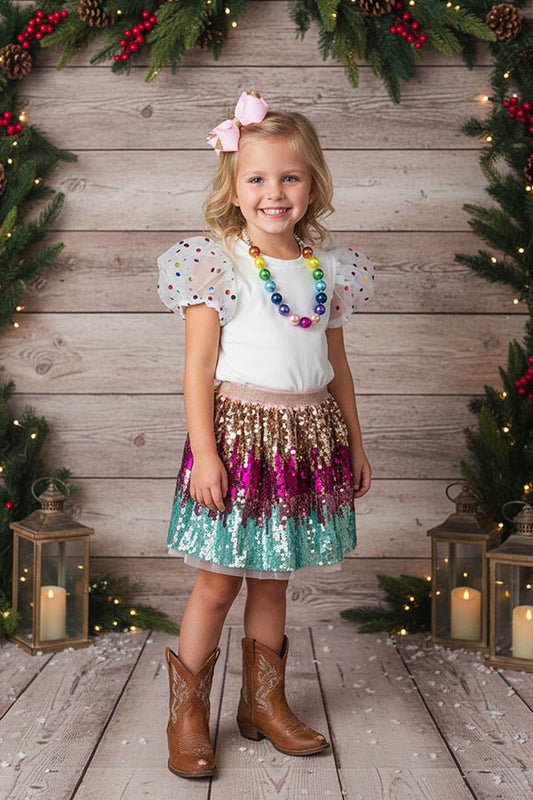 Western white lace sleeve top sparkle sequin skirt girls boutique sets DLH2535