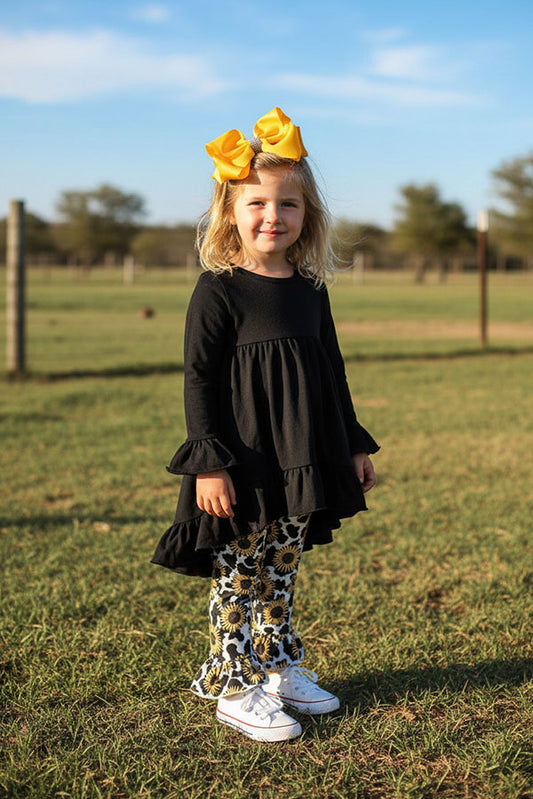 Western black high low top sunflower legging girls boutique set DLH2539