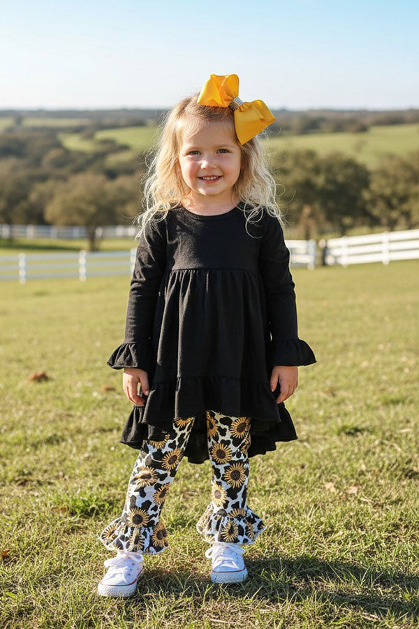 Western black high low top sunflower legging girls boutique set DLH2539