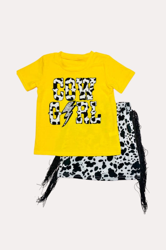 D2549 Yellow & cow print "COWGIRL" fringe skirt 2pc girls set