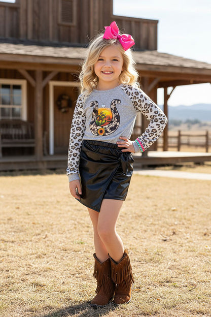 Western black leather & tied bow girls boutique shorts DLH2568